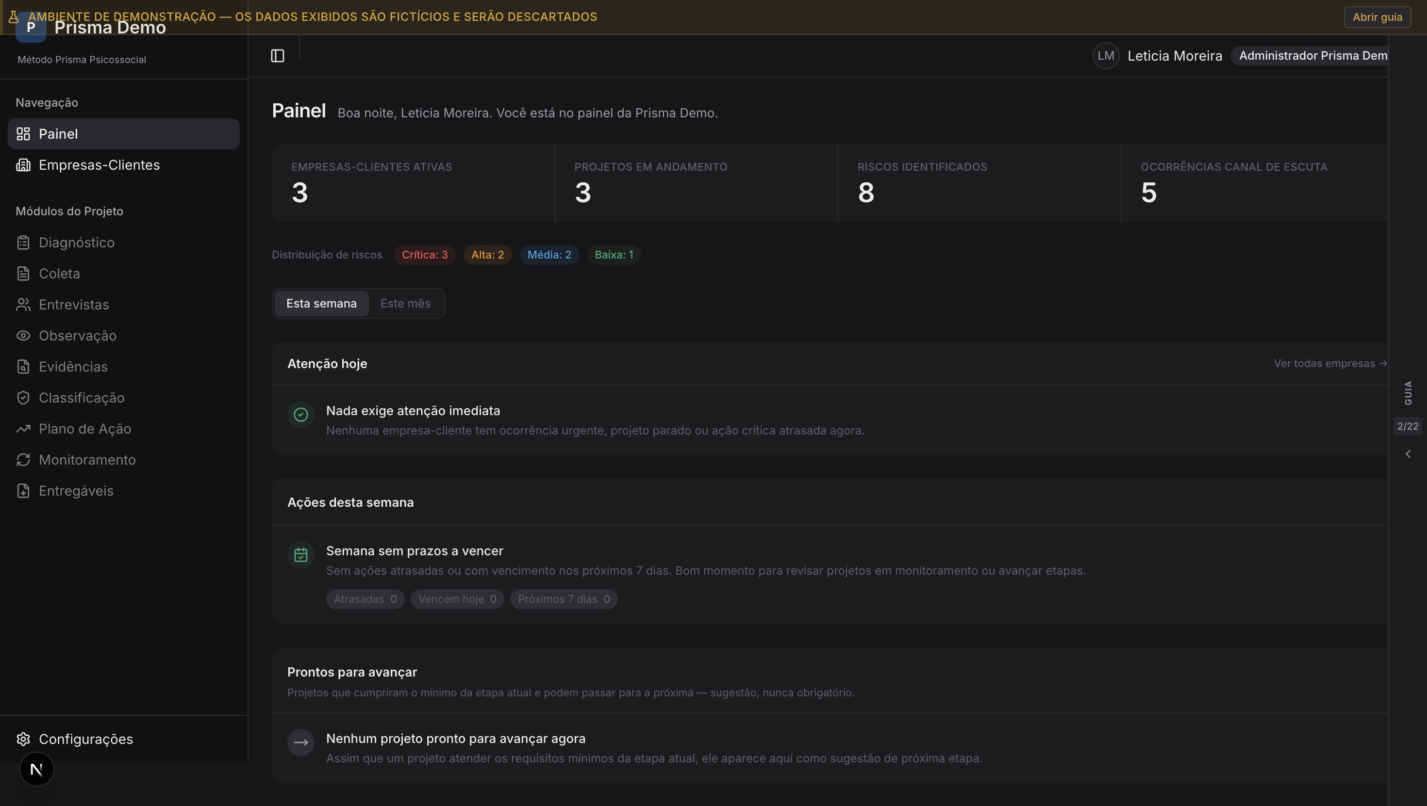 Painel de demonstração PRISMAZIA — empresas-cliente, projetos em andamento, riscos identificados e ações em acompanhamento